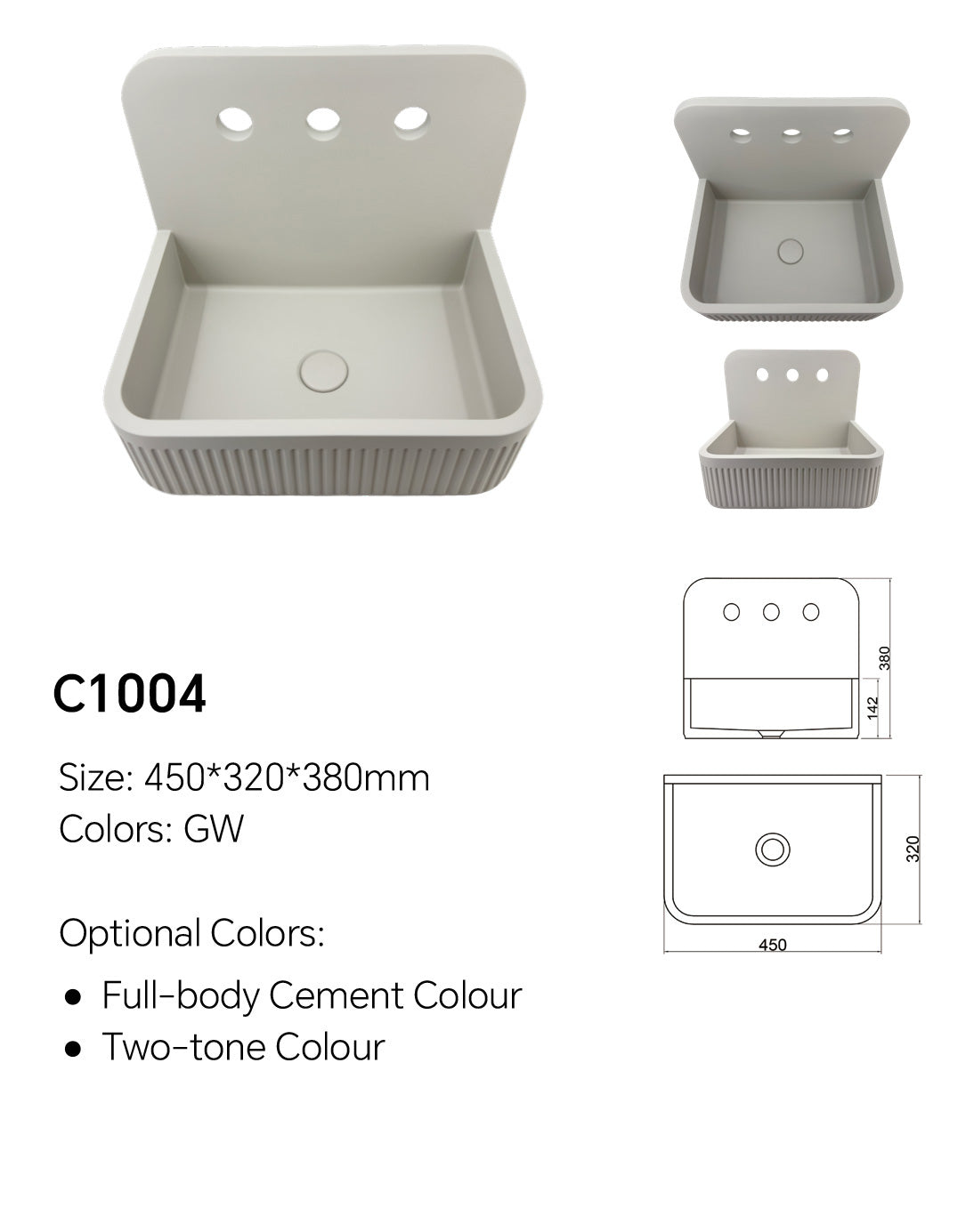 17.7 Inch Concrete Wall Mount Sink | Model C1004
