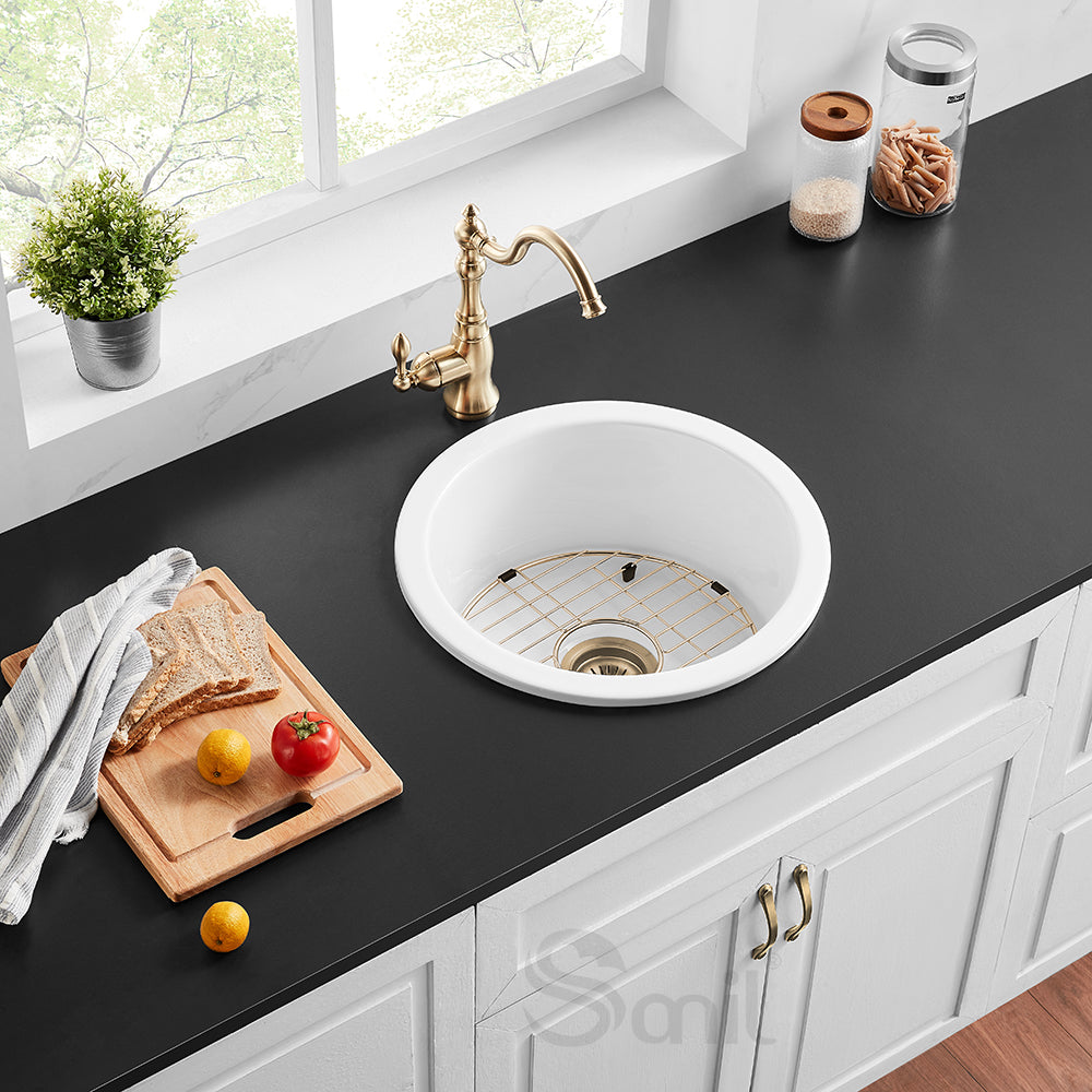 SANIKB SN1818R Round Ceramic Prep Sink – Compact Utility Design for Bars & Auxiliary Workstations