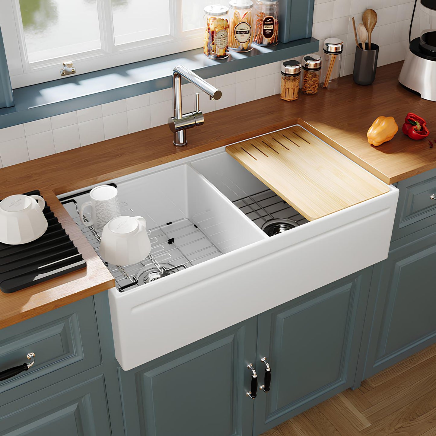 fireclay farmhouse sink SN101W3620D kitchen scene with accessories and bamboo cutting board SANIKB OEM