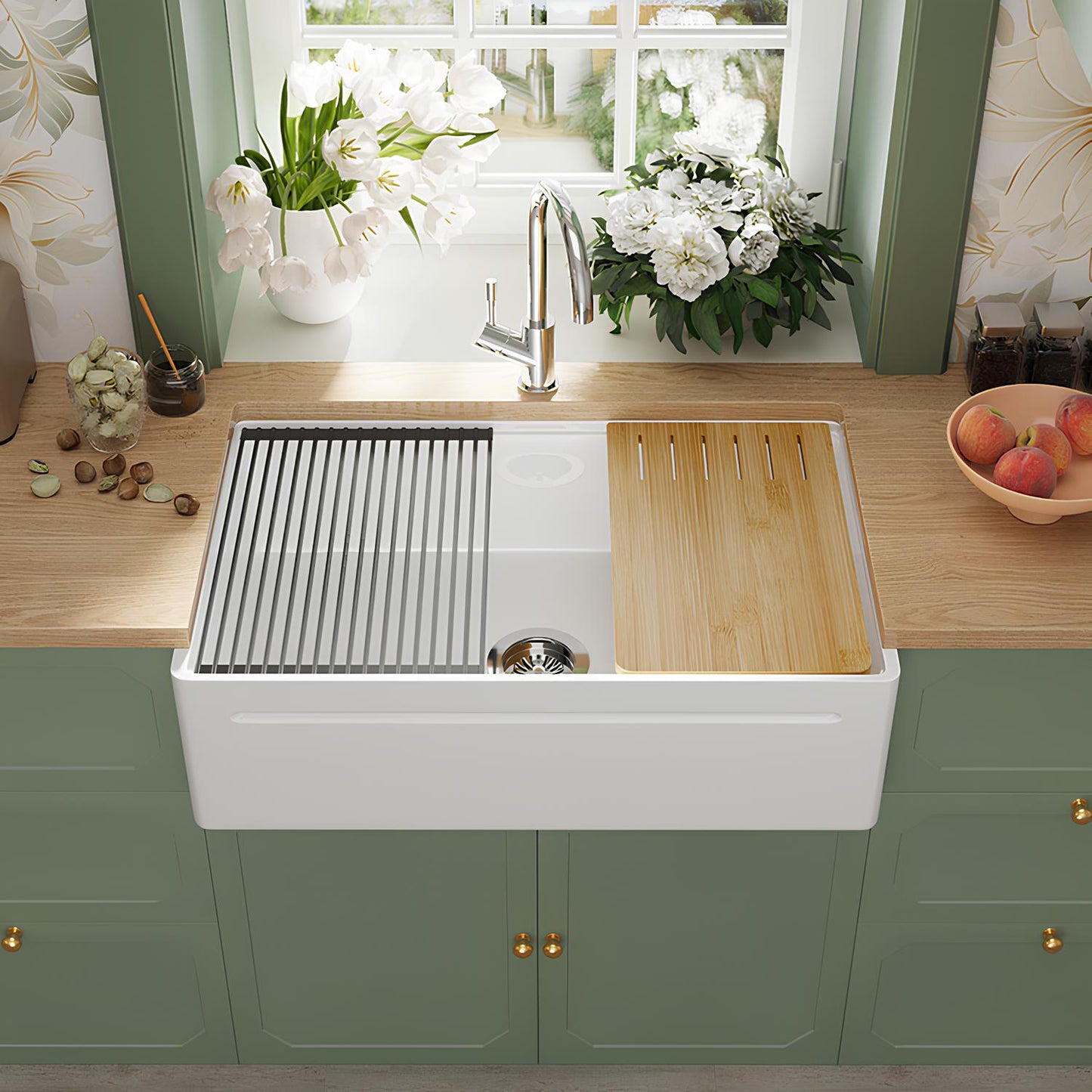 Top-down view of SANIKB fireclay farmhouse sink SN101W3320 with full accessories installed.