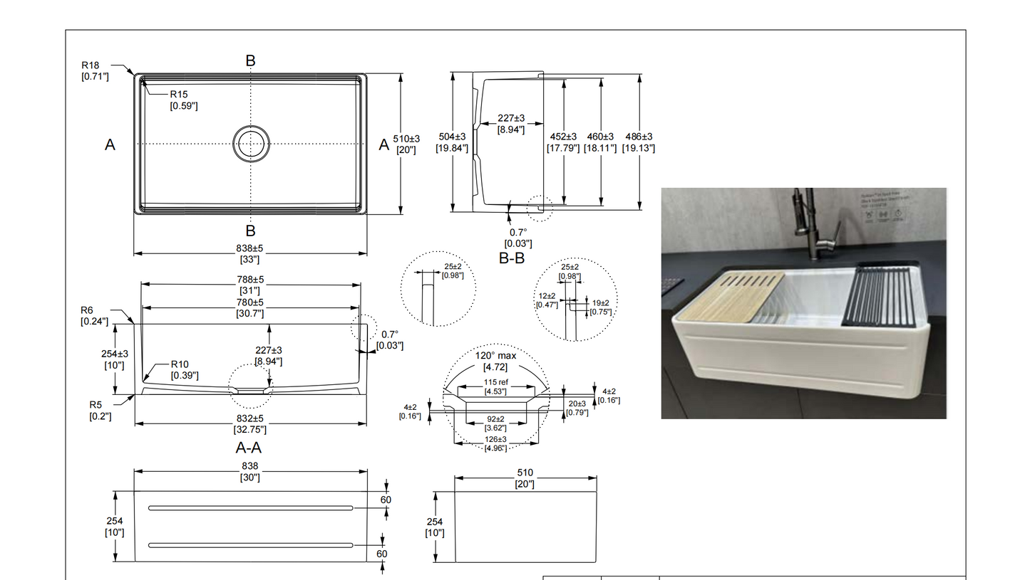 Technical drawing and photo of a kitchen sink with dimensions