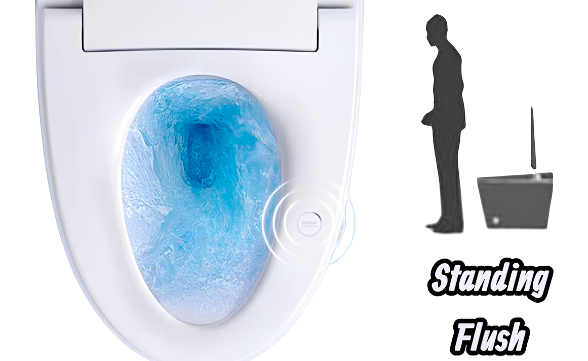 Toilet with standing flush feature and silhouette of a person using it.