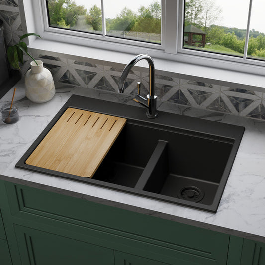 Black Quartz Sink – Double Bowl Quartz Kitchen Sink | SANIKB SN8456B
