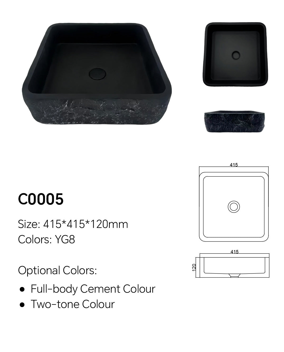 16.3 Inch Square Concrete Basin | Model C0005