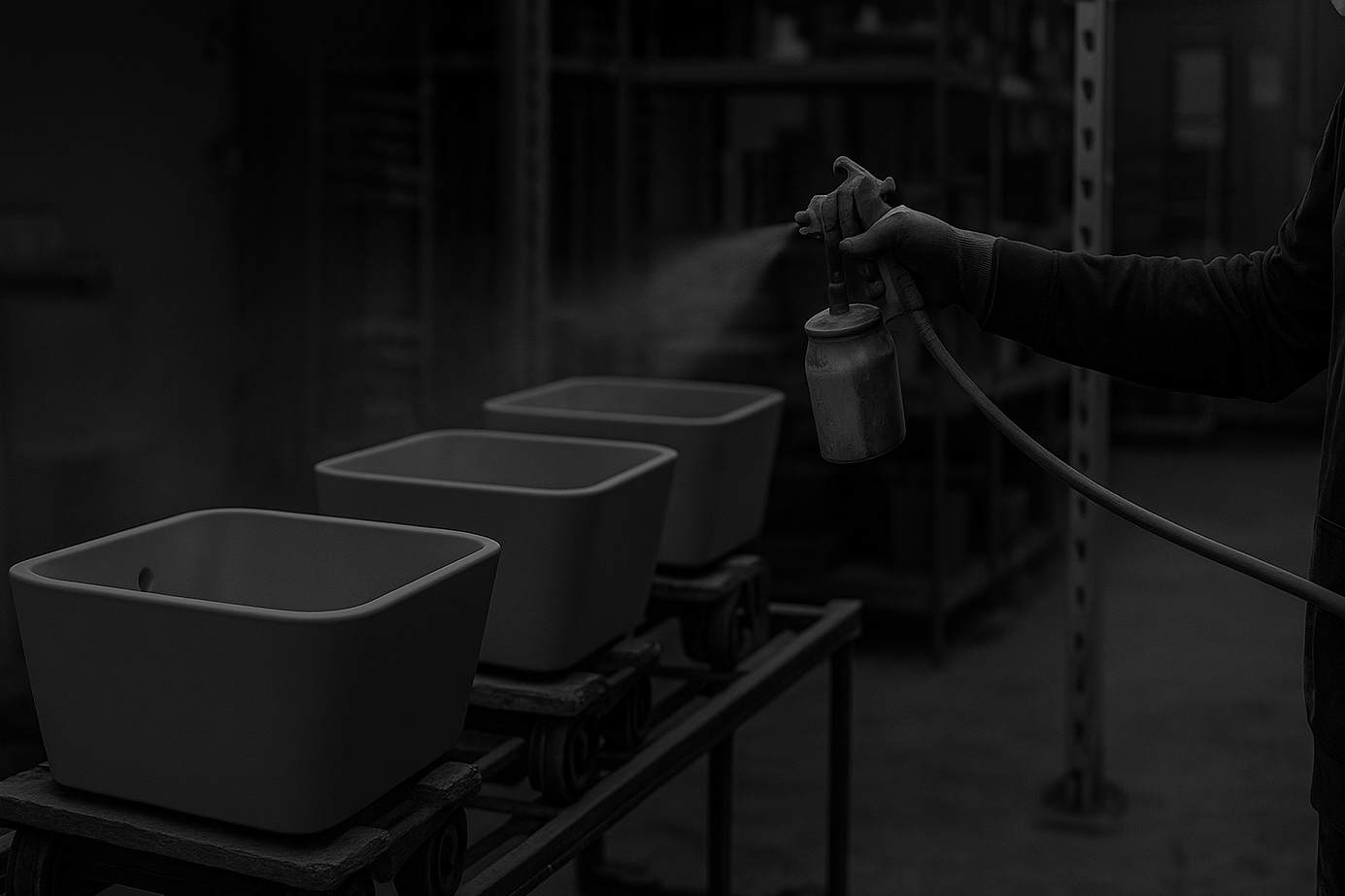 Person spray painting ceramic pots on a conveyor belt in a workshop.