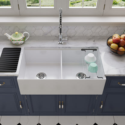 36 Inch Double Bowl Farmhouse Sink White – Fireclay Farmhouse Sink Double Bowl | SANIKB SN100W3620D