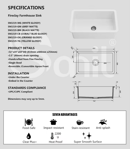 SANIKB SN3219 Fireclay Farmhouse Sink 32 Inch Single Bowl