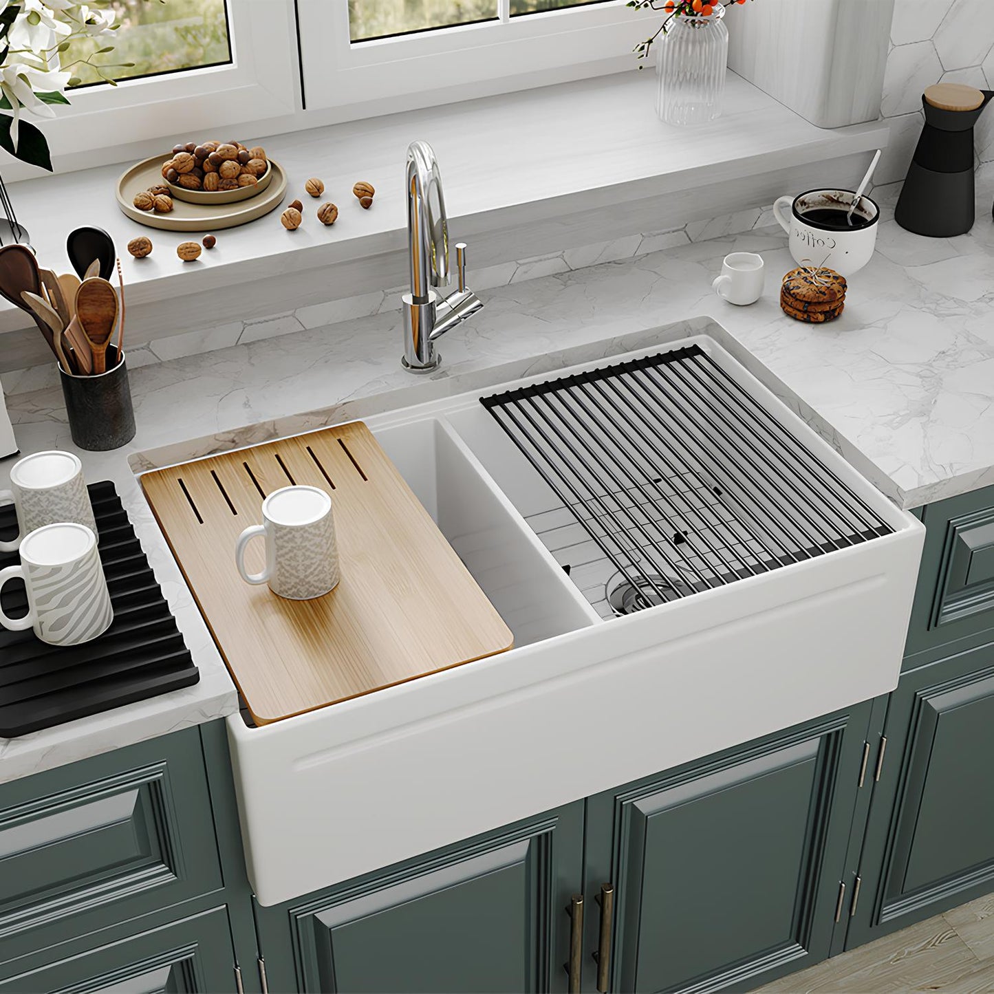 SANIKB Fireclay Double Bowl Farmhouse Sink 33″ – Apron Front Reversible Kitchen Sink with Accessories