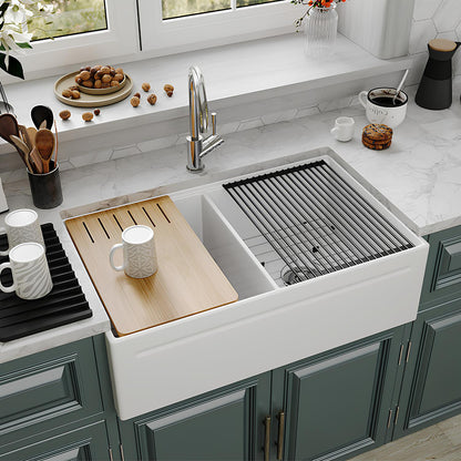 SANIKB Fireclay Double Bowl Farmhouse Sink 33″ – Apron Front Reversible Kitchen Sink with Accessories