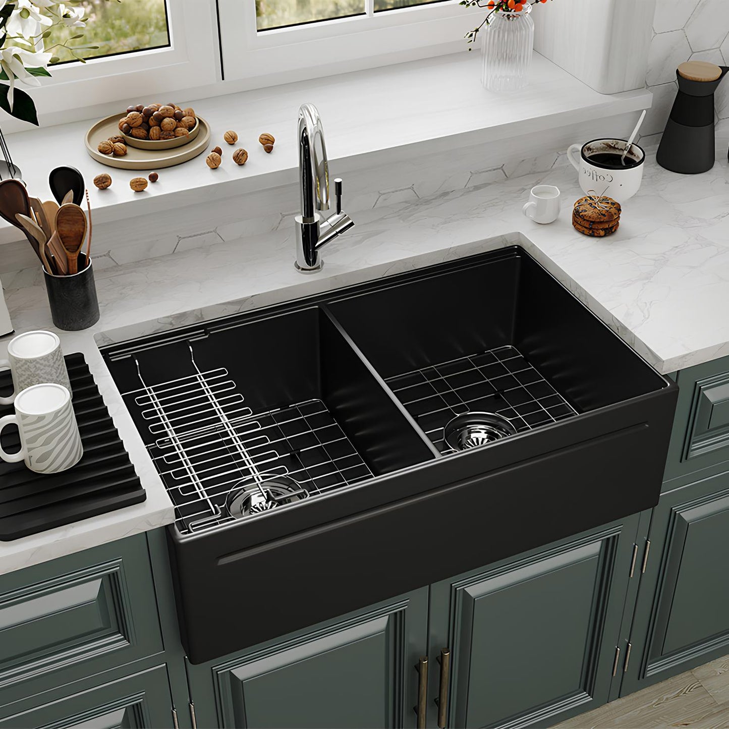 SANIKB Fireclay Double Bowl Farmhouse Sink 33″ – Apron Front Reversible Kitchen Sink with Accessories