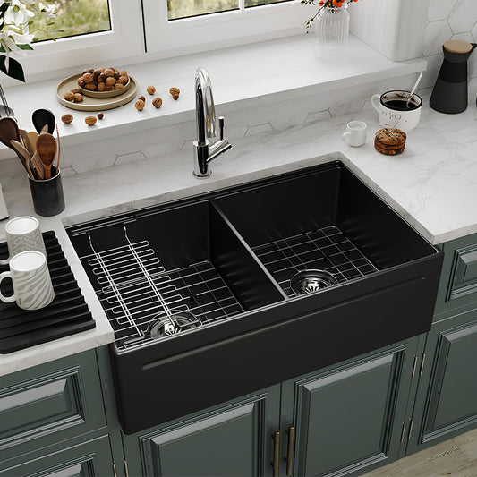 SANIKB Fireclay Double Bowl Farmhouse Sink 33″ – Apron Front Reversible Kitchen Sink with Accessories
