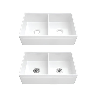 SANIKB Fireclay Double Bowl Farmhouse Sink 33″ – Apron Front Reversible Kitchen Sink with Accessories