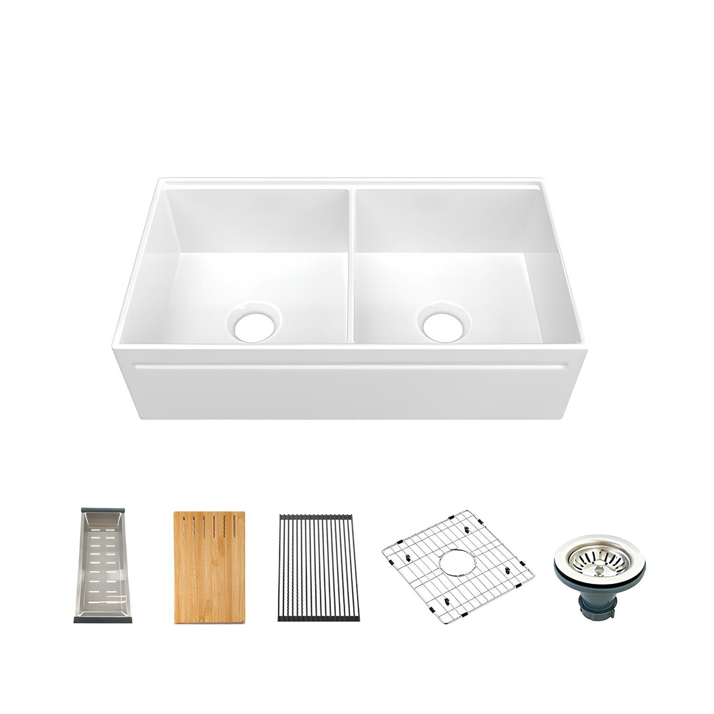 Fireclay double bowl farmhouse sink with bamboo cutting board, stainless steel grid, drainer and strainer set