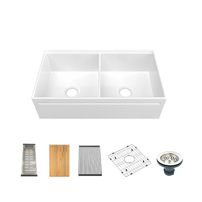 Fireclay double bowl farmhouse sink with bamboo cutting board, stainless steel grid, drainer and strainer set