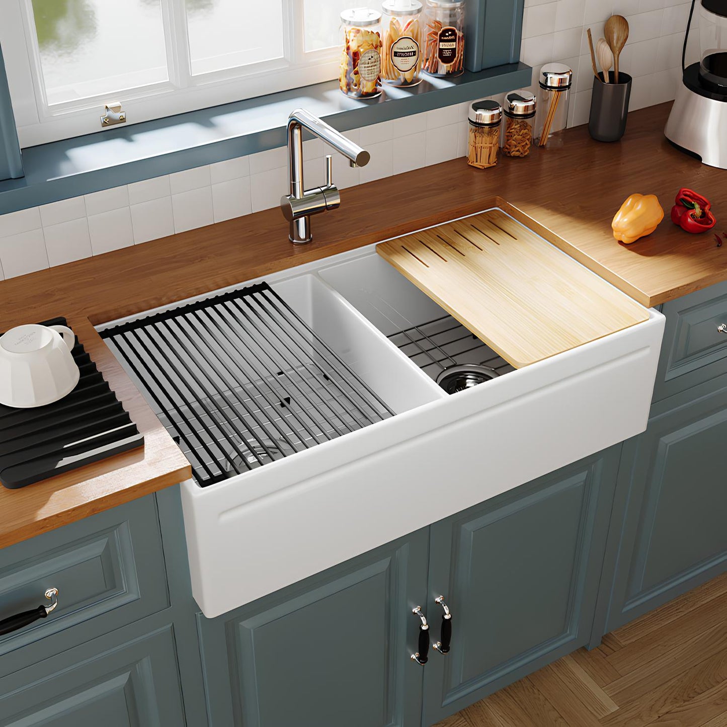 SANIKB 36 inch fireclay kitchen sink with cutting board and drying rack, dual bowl design for modern kitchens