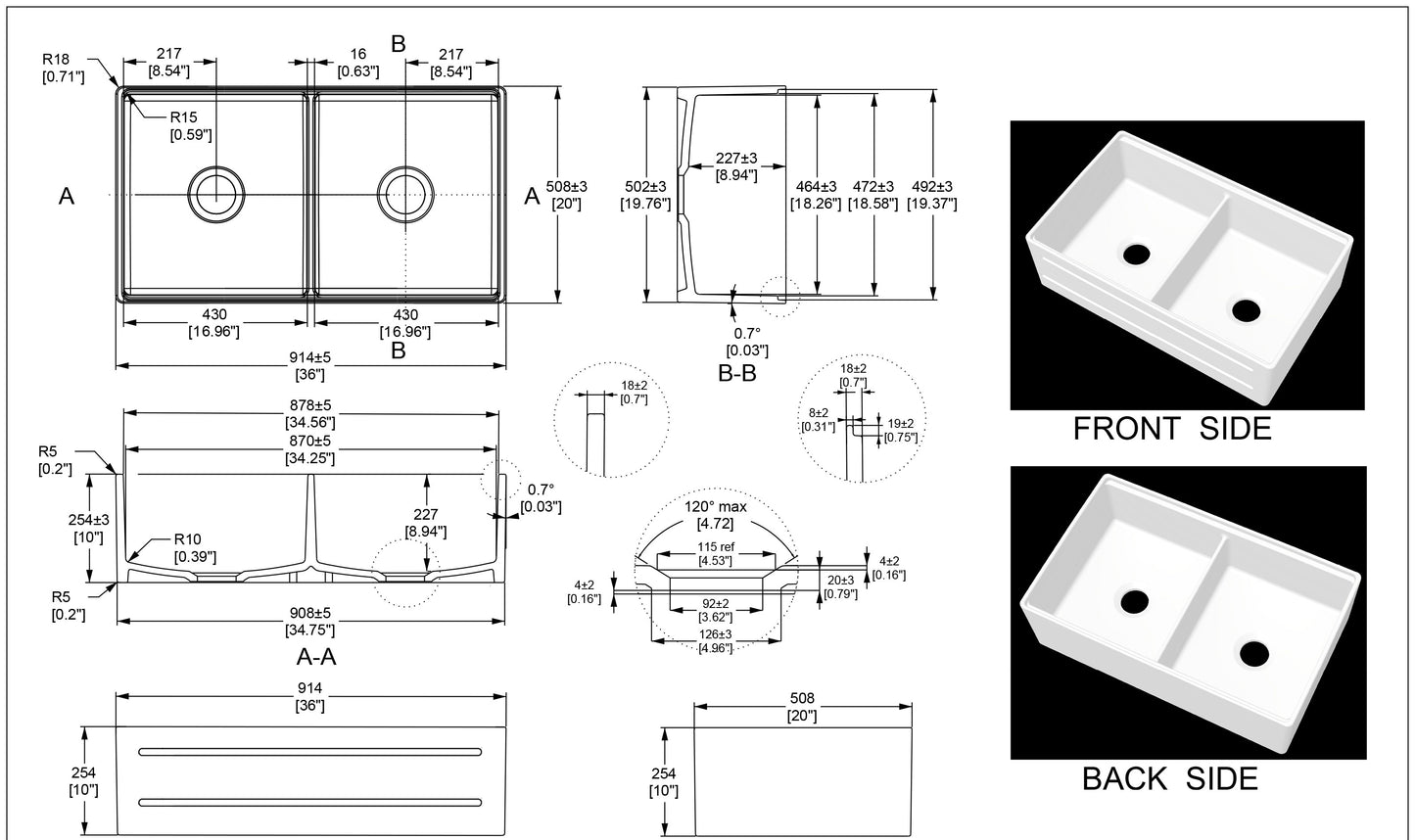 Technical drawing of SANIKB SN101W3620D fireclay double bowl farmhouse sink with front and back side dimensions