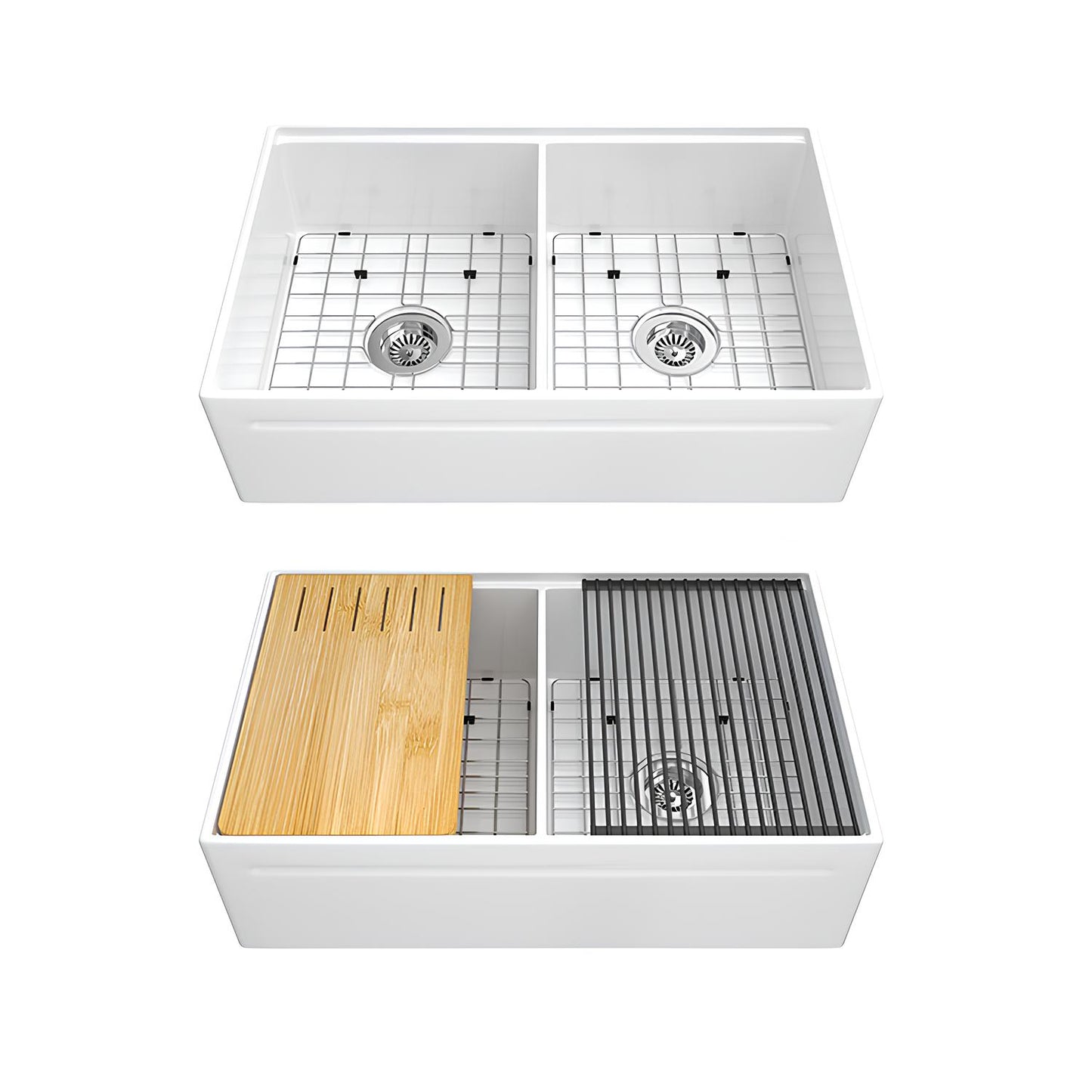 SANIKB Fireclay Double Bowl Farmhouse Sink 33″ – Apron Front Reversible Kitchen Sink with Accessories