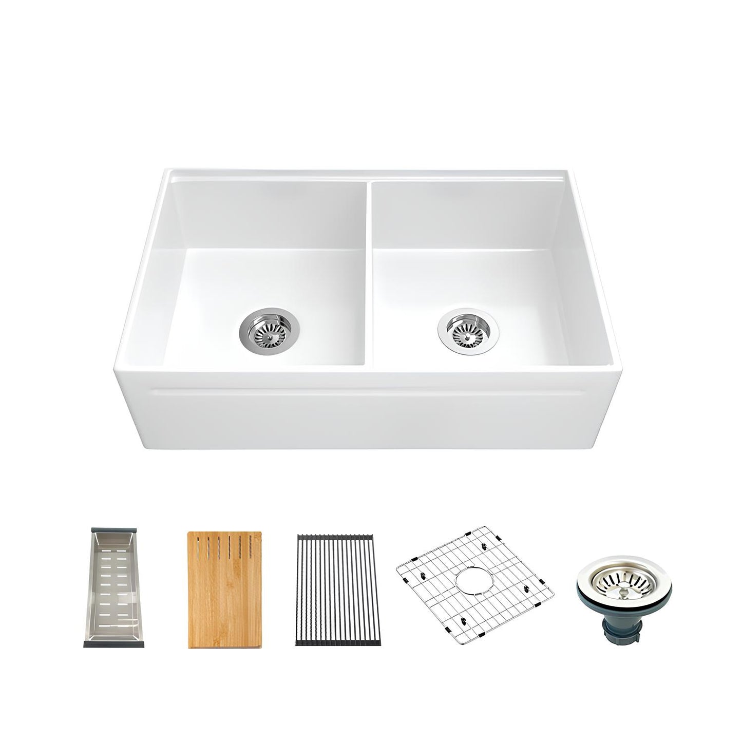 SANIKB Fireclay Double Bowl Farmhouse Sink 33″ – Apron Front Reversible Kitchen Sink with Accessories