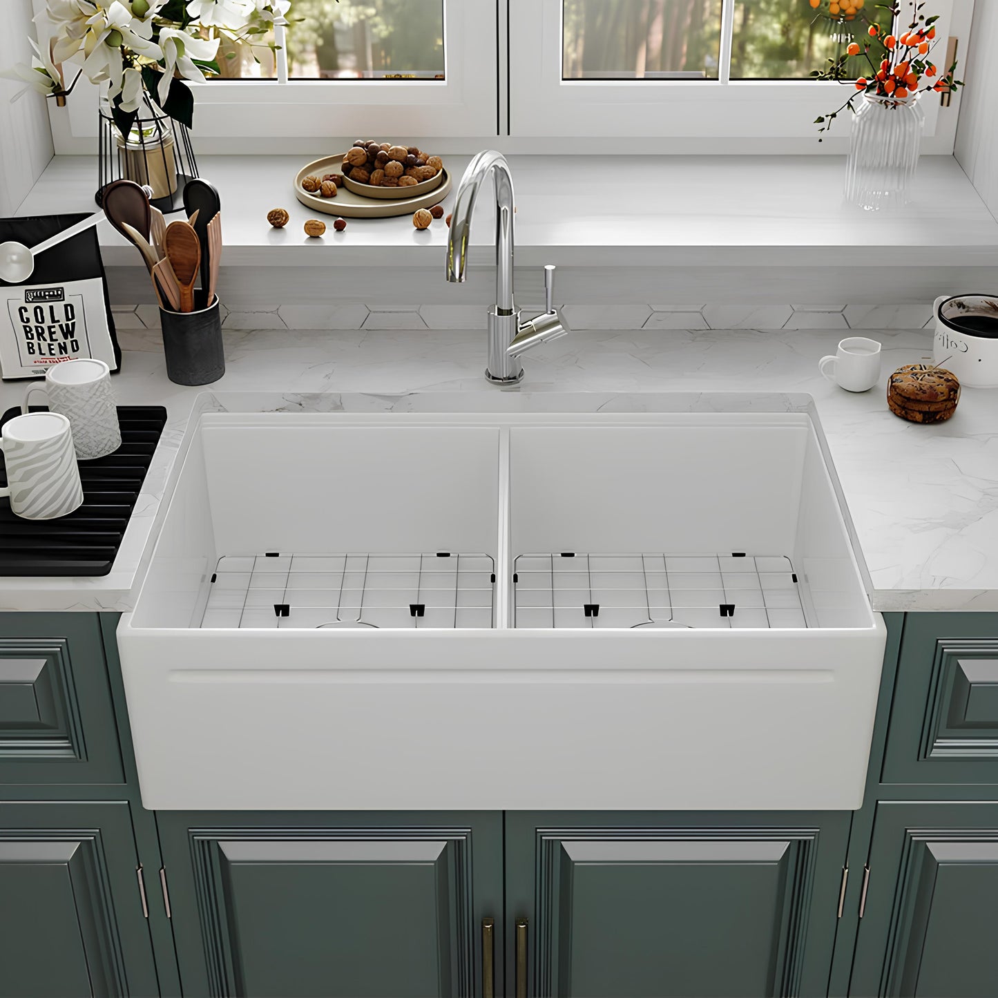 SANIKB Fireclay Double Bowl Farmhouse Sink 33″ – Apron Front Reversible Kitchen Sink with Accessories