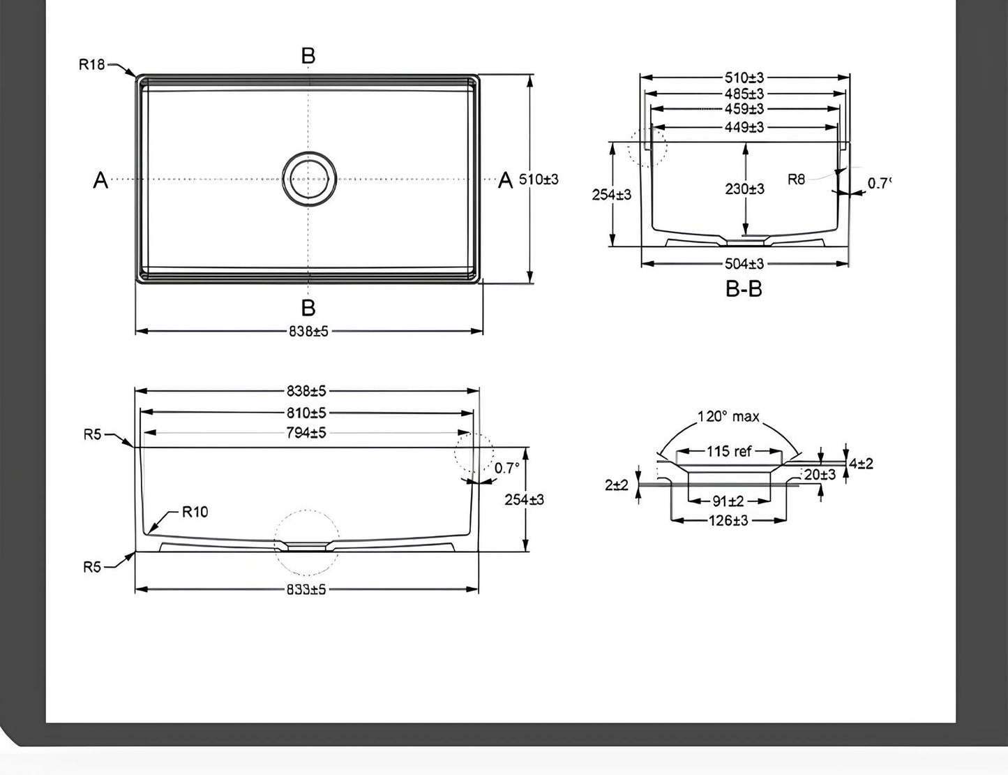 Technical drawing of SANIKB fireclay farmhouse sink SN101W3320 — 838×510×254 mm overall dimensions.