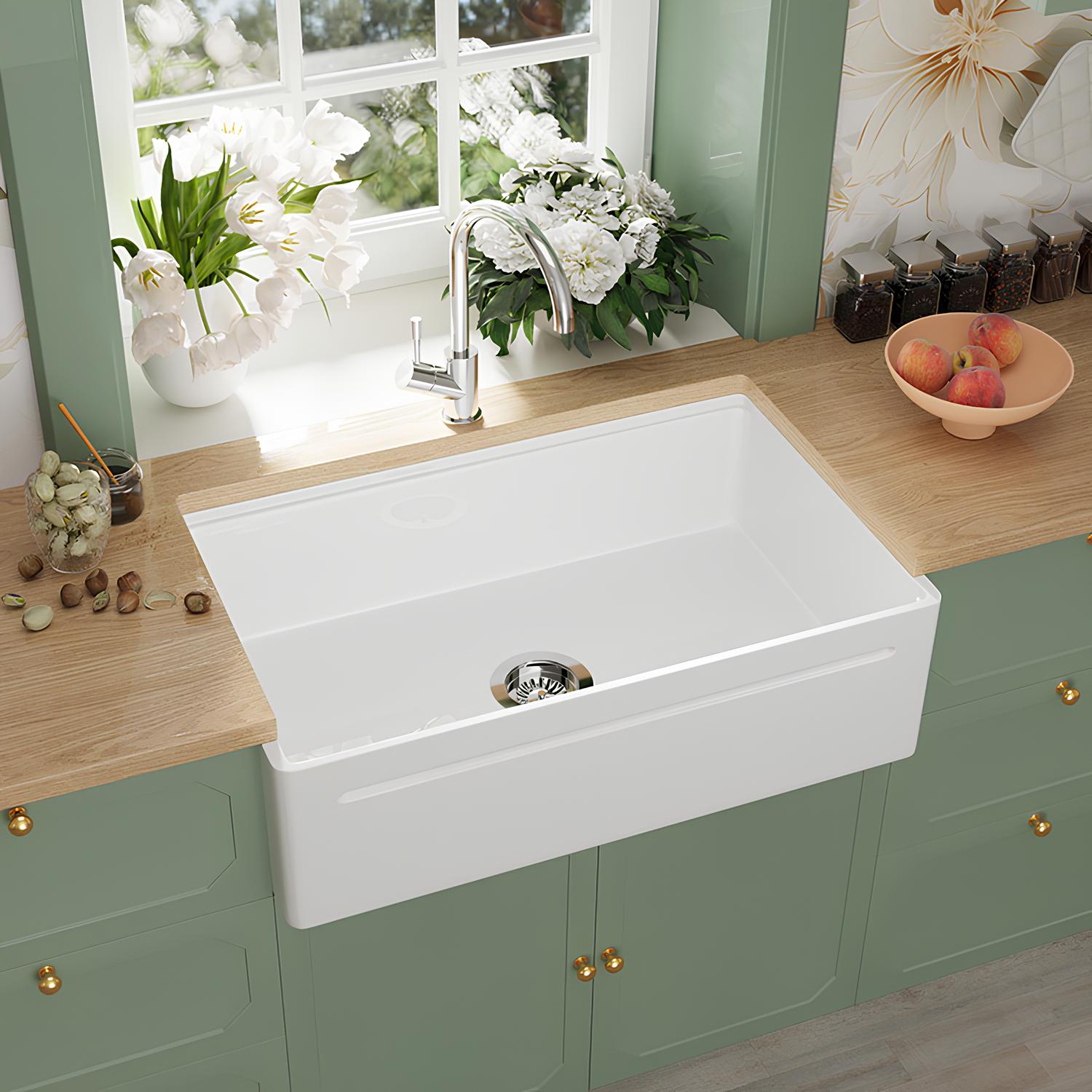 Installed SANIKB fireclay farmhouse sink SN101W3320 in modern kitchen with wooden countertop.
