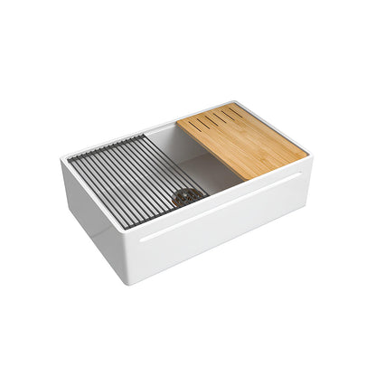 Fireclay farmhouse sink SN101W3320 with bamboo cutting board and stainless roll-up drying rack — SANIKB kitchen sink manufacturer.