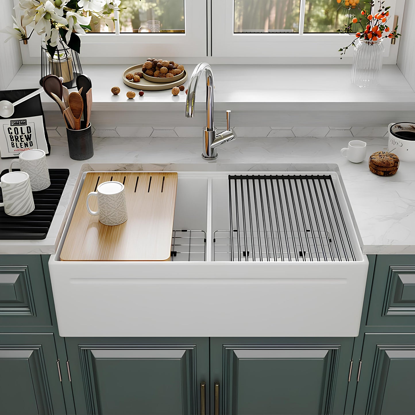 SANIKB Fireclay Double Bowl Farmhouse Sink 33″ – Apron Front Reversible Kitchen Sink with Accessories