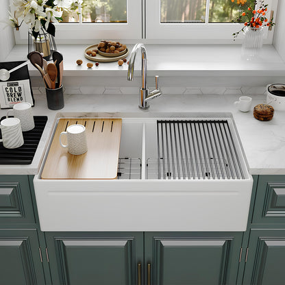 SANIKB Fireclay Double Bowl Farmhouse Sink 33″ – Apron Front Reversible Kitchen Sink with Accessories