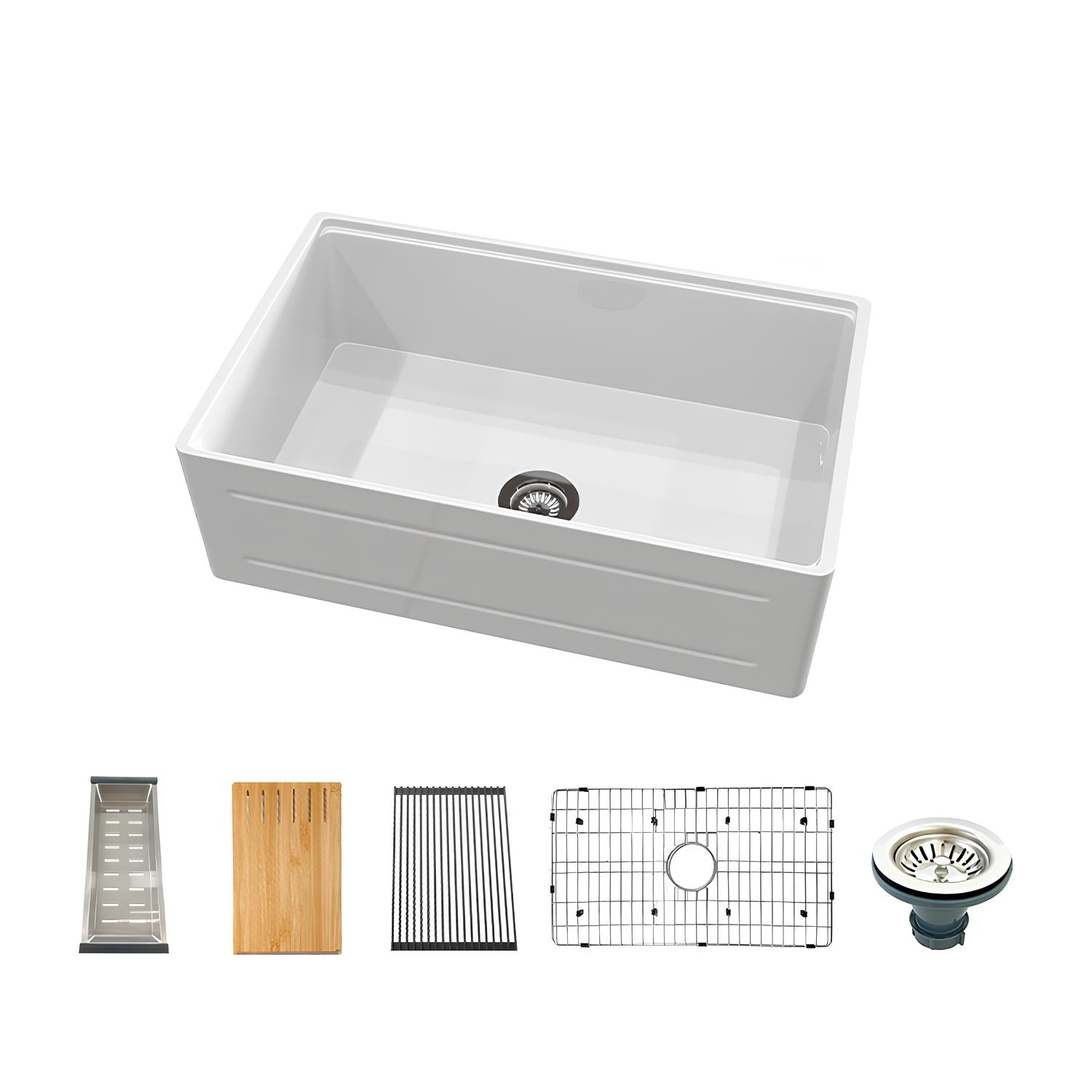 White kitchen sink with additional components on a white background