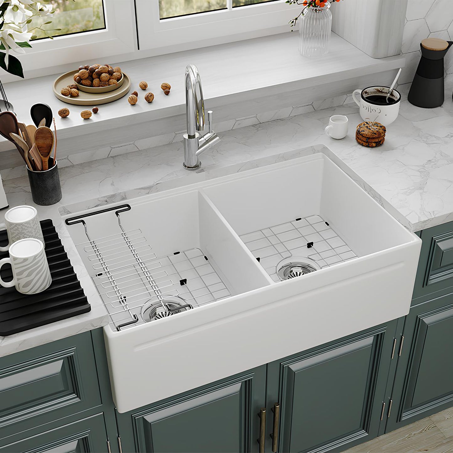 SANIKB Fireclay Double Bowl Farmhouse Sink 33″ – Apron Front Reversible Kitchen Sink with Accessories