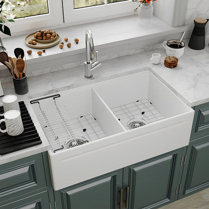 SANIKB Fireclay Double Bowl Farmhouse Sink 33″ – Apron Front Reversible Kitchen Sink with Accessories